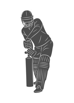 A batsman playing cricket. Silhouette of a cricket batsman. A cricketer in dynamic motion while hitting a ball with a bat. Vector illustration
