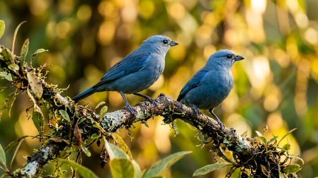 blue tanager (blue grey tanager) in costa rica rainforest close up golden light video