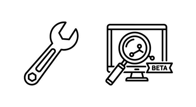 Technical tool maintenance and beta software research icons with maintenance computer research software development technology technical engineering