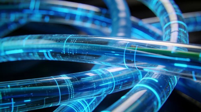 Moving camera revealing bundle of translucent tubes in close-up, with blue holographic circuitry