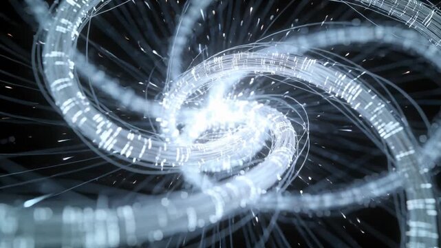 Pulsing core drawing rotating twin spiral tubes with light markers to core in void, emitting puffs