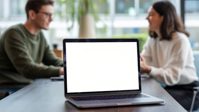 People sitting at table with laptop in front of them discussing and looking at each other in office setting with large windows and plant
