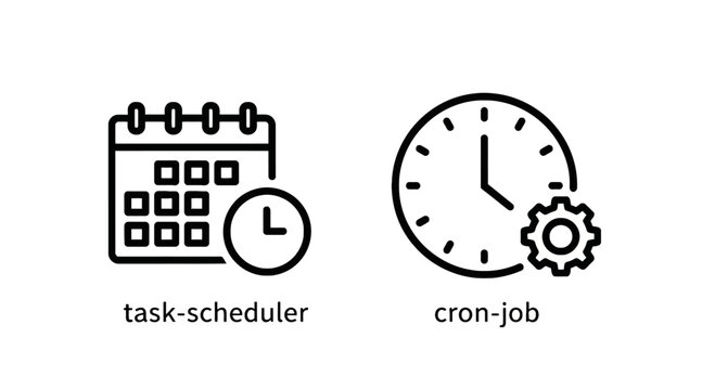 Business automation icons representing task scheduler and cron job programming tasks with scheduler calendar automation programming management software