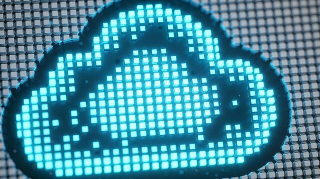 Display starting cyan cloud icon cycling ring pixels on macro LED grid, showing data flow
