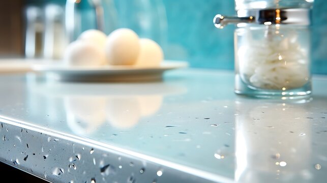 Close-up of cotton swabs and candle on wet bathroom countertop