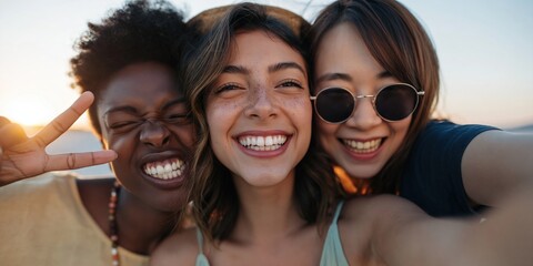 Fototapeta premium Three friends smiling closely together for seaside sunset selfie