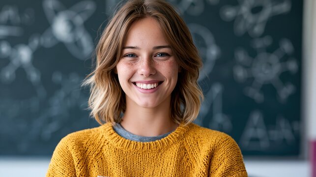 Cheerful college student holding books in modern classroom with science doodles on chalkboard