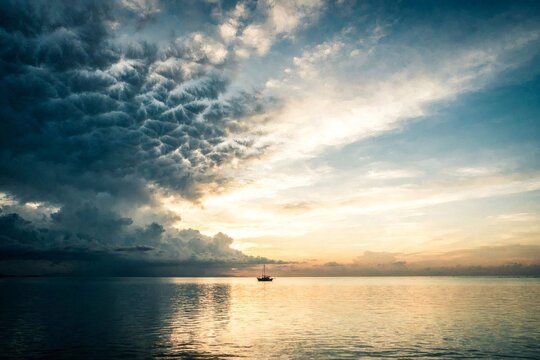 Faith Restores Calm Horizon Atmospheric photograph of storm clouds dissolving into a serene skyline, symbolizing restoration, trust, and divine mercy for inspirational posters and church events