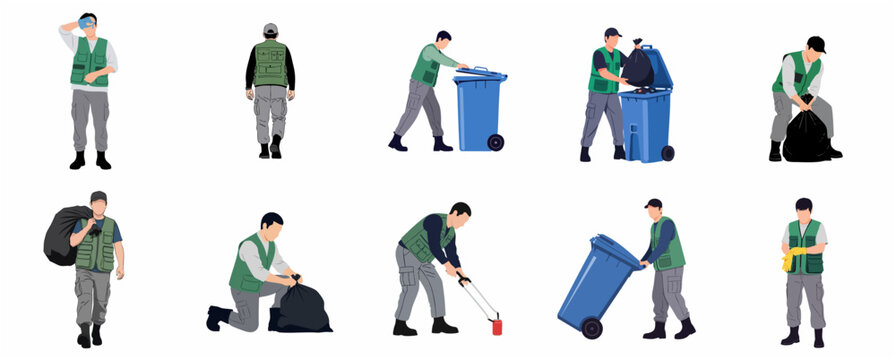 Set of flat vector illustrations featuring professional male sanitation workers and garbage collectors performing waste management tasks, isolated on white.