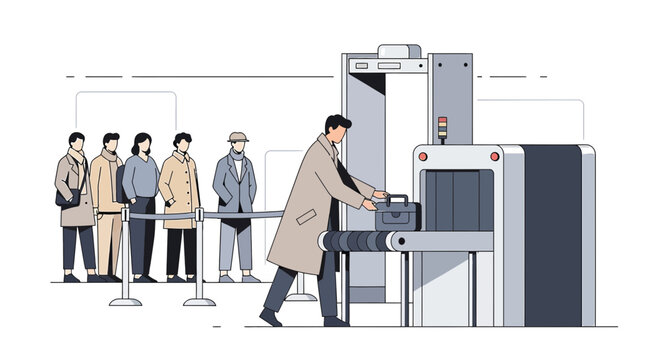 Airport Security Checkpoint with People Waiting in Line and Luggage Scanner