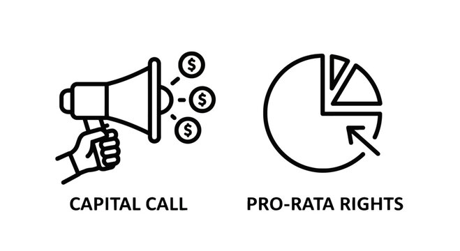 Capital call and pro-rata rights financial concept icons with megaphone investment business percentage corporate economics management strategy