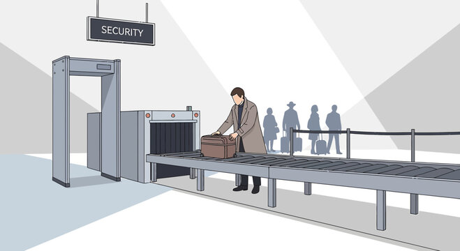 Airport Security Checkpoint with Man Placing Luggage on X-ray Scanner