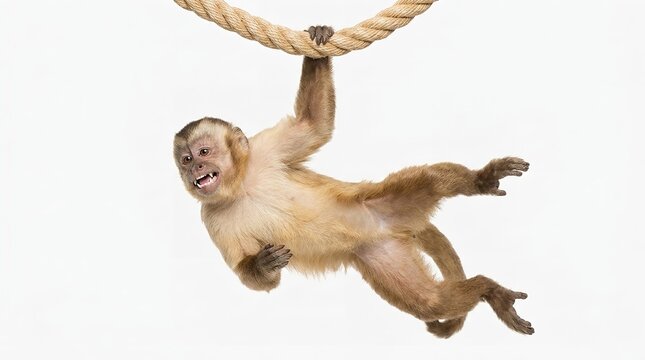 Small brown capuchin monkey hanging from a thick rope with an expressive wide open mouth