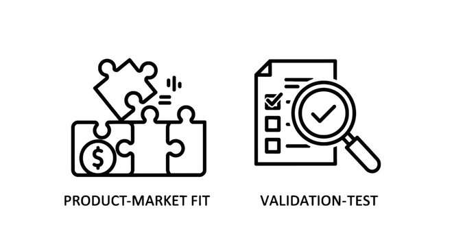 Product market fit puzzle and business validation test icons with validation business magnifying research assurance strategy development analysis