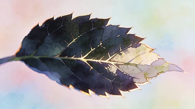 Shifting light revealing serrated leaf midrib veins glowing with golden highlights in pastel wash