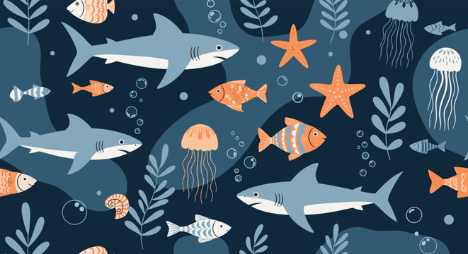Deep blue sea seamless pattern showcasing majestic sharks swimming among colorful jellyfish starfish and various species of tropical fish.