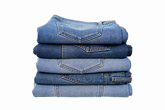 A stack of five folded blue jeans is displayed against a white background.