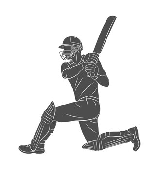 A batsman playing cricket. Silhouette of a cricket batsman. A cricketer in dynamic motion while hitting a ball with a bat. Vector illustration