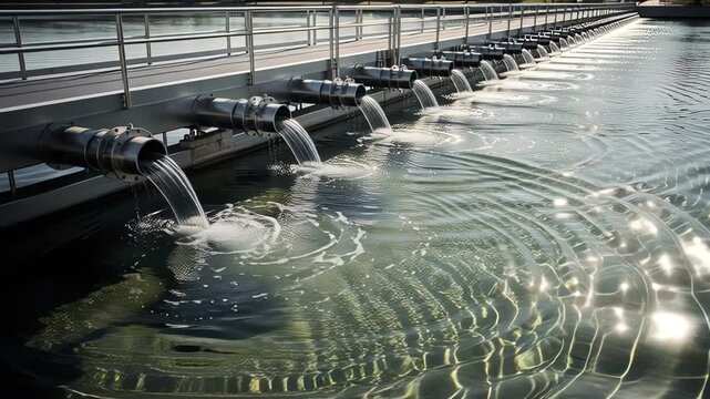 Industrial Water Treatment Facility With Clean Water Stream Flowing Through Pipeline Infrastructure