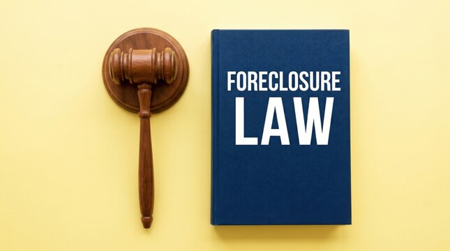 Foreclosure law book with wooden judge gavel, legal concept for property repossession and real estate litigation, justice system and mortgage debt
