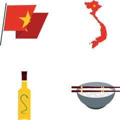 Obraz premium Vietnam travel icons set showing flag, map, snake wine, and rice bowl with chopsticks