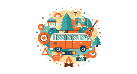 Fototapeta premium Camping and Road Trip Flat Vector Illustration with Vintage Camper Van, Campfire, Camera, and Nature Icons for Travel and Adventure Concepts