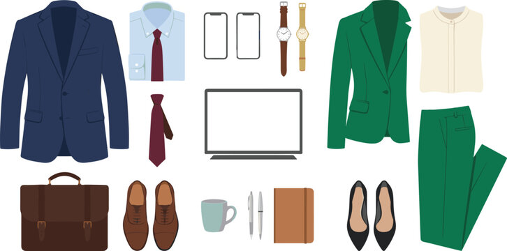Professional Business Flat Lay Vector Set with Corporate Outfits, Gadgets, and Office Elements for Men and Women Dress Code Content