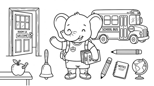 Cute cartoon elephant going to school illustration set with backpack, books, and school bus characters for kids learning theme