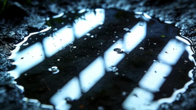 Receiving droplets, small ground-level puddle forming ripples, showing bubbles, reflecting bands