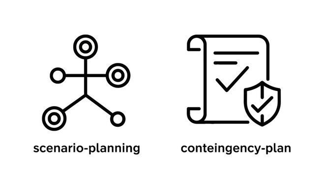 Scenario planning and contingency plan business strategy line icons with strategy planning business contingency management scenario security document