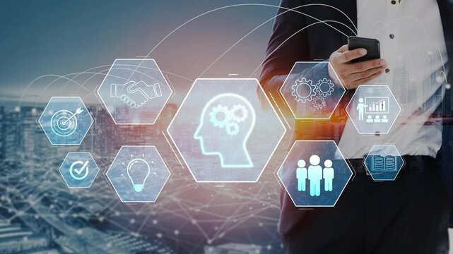 Head with gear and icons representing learning, digital training, and development process, showing skill growth for human or AI systems through knowledge or task optimization Marrow