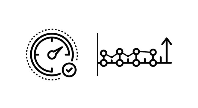 Performance speedometer and rising graph outline icons set with performance business analysis progress increase marketing statistic management