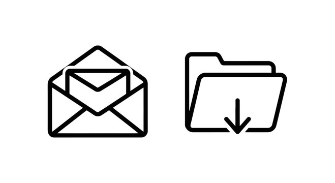Email and file download data management line icons with download envelope transfer communication internet management business computing document
