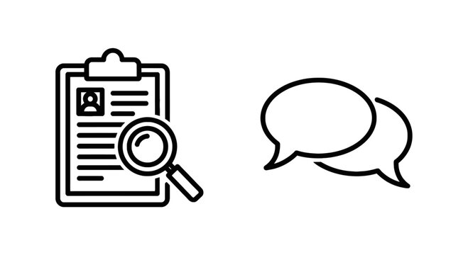 Business documentation review and discussion dialogue communication icons set with clipboard document magnifying dialogue communication business