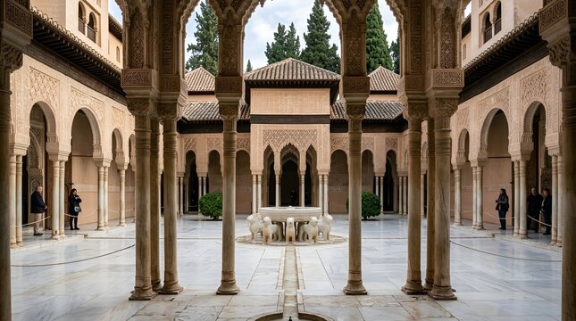 Alhambra Palace Courtyard Garden with Fountain and Arches