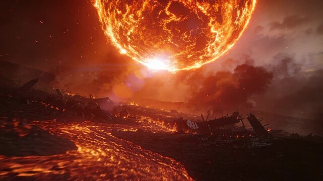 Pulsing molten orb pulling camera forward over scorched plain, revealing lava wreckage embers smoke