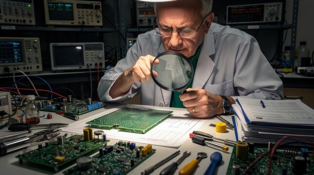 Scientist Examines Electronic Circuit Board with Magnifying Glass