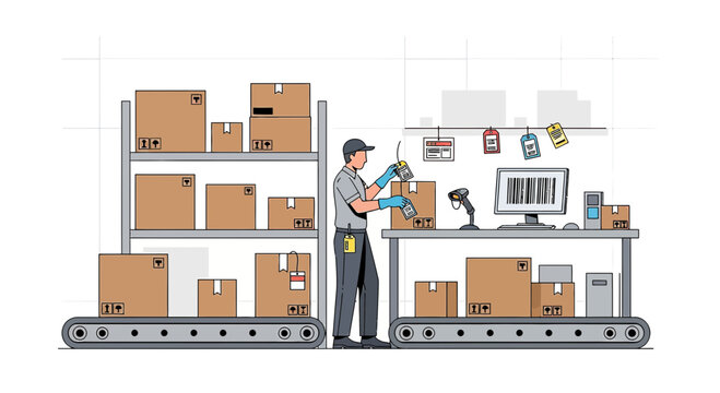 Warehouse worker scanning barcodes on boxes during logistics operation