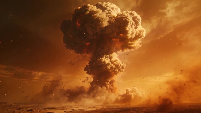 Igniting surface blast sending rising mushroom cloud expanding over barren plain, ejecting embers