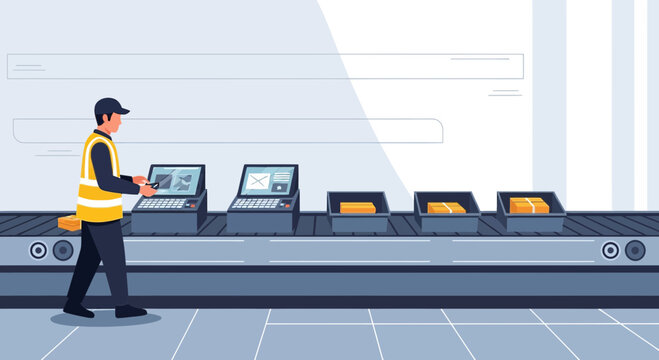 Warehouse worker with laptop at conveyor belt in modern logistics facility