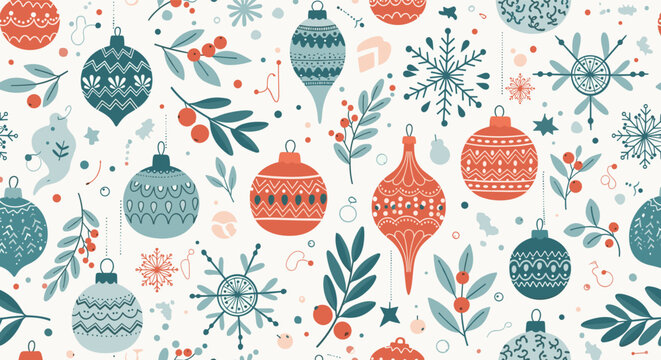 Festive holiday seamless pattern featuring vintage style christmas baubles snowflakes and winter botanical elements on a cream background.
