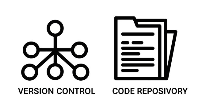 Version control and code repository software icons set with repository software development programming technology management developer engineering