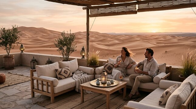 Couple enjoying sunset on desert luxury terrace with champagne