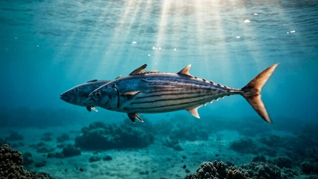 bonito fish in canary islands atlantic ocean close up underwater swimming morning light video