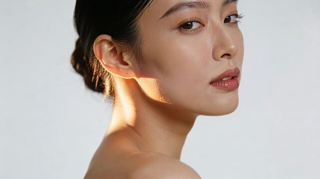 Posing female model responding to camera starting at studio, showing stud earring and bare shoulder