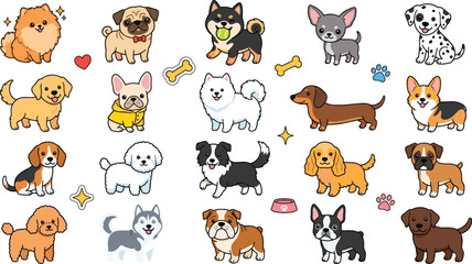 Fototapeta premium Cute Dog Breed Collection with Adorable Puppy Characters, Popular Pet Varieties, Funny Expressions, and Cartoon Canine Vector Illustrations