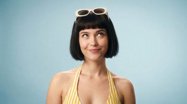 Young woman in striped bikini and sunglasses looking up.
