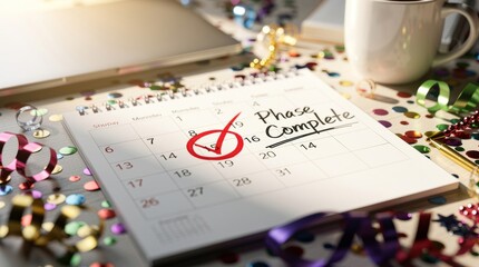 Fototapeta premium Calendar Marked for Phase Completion with Confetti and Ribbon