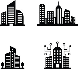 Fototapeta premium Modern city skyline and business office building icons collection in black silhouette design