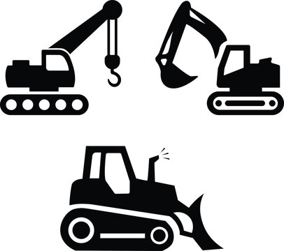 Collection of industrial heavy machinery icons including crawler crane, excavator, and dozer